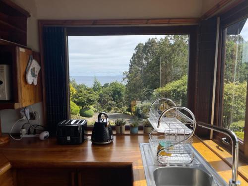 a kitchen with a sink and a large window at Beautiful Plot Lake and Volcano View in Puerto Varas