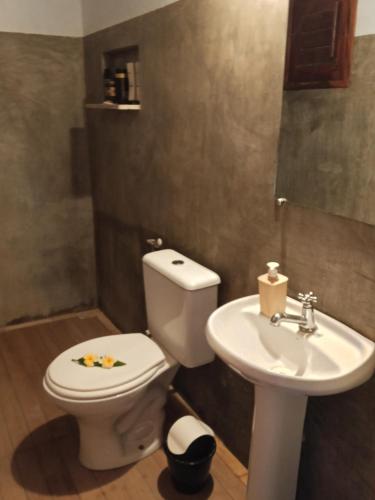 a bathroom with a toilet and a sink at Chales Da Mata in Fortim