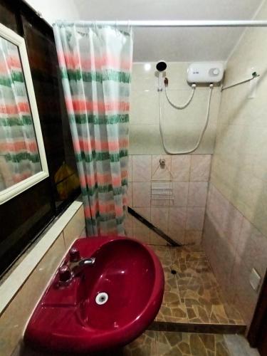 a red sink in a bathroom with a shower at Sumaq Tika in Cusco