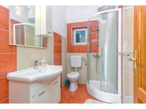 une salle de bain avec toilettes, lavabo et douche dans l'établissement Four Bedroom Villa with the pool, à Brištane