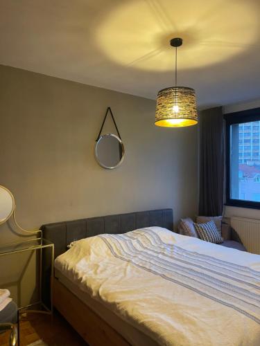 a bedroom with a bed and a mirror on the wall at Prishtina Center Apartment in Pristina