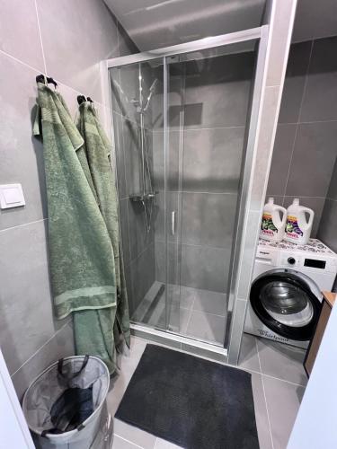 a bathroom with a shower and a washing machine at Šarlot Apartment in Michalovce