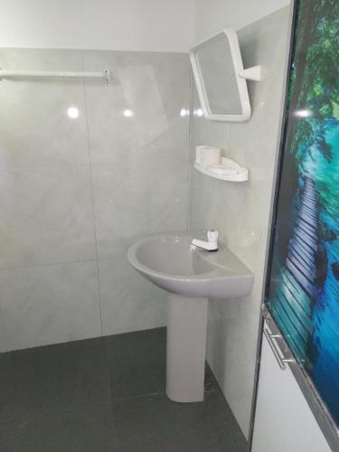 a white bathroom with a sink and a shower at Sadew Villa in Anuradhapura
