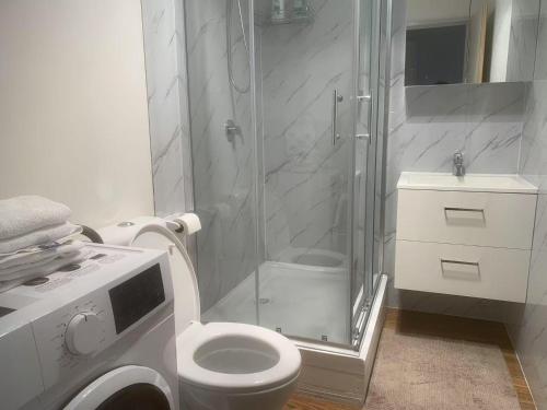 a bathroom with a shower and a toilet and a sink at Cosy and convenient accommodation in Springvale