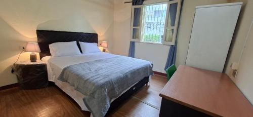a bedroom with a large bed and two windows at Casa Lara - Carmelitas Asunción in Asuncion