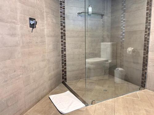een badkamer met een glazen douche met toilet bij Suite de lujo con naturaleza y BBQ cerca de Cuenca in Cuenca