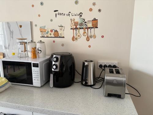 a kitchen counter with a microwave and a toaster at 3x1 unit at back of main house in Spearwood