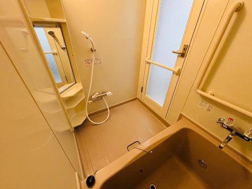 a small bathroom with a sink and a shower at Kamui Adventure House in Asahikawa