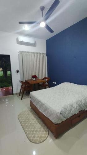 a bedroom with a bed and a blue wall at Casa Mango in Mérida
