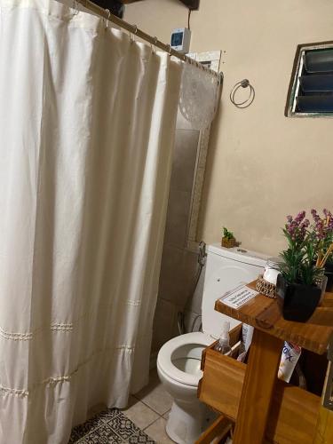 a bathroom with a shower curtain and a toilet at Quincho La Soñada - Don Lautaro in Paso de la Patria