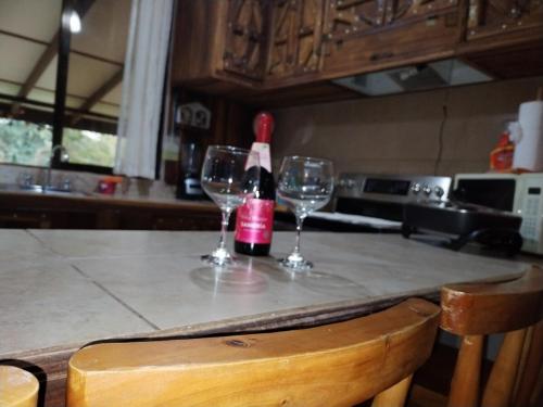 two wine glasses sitting on top of a kitchen counter at Casa Relax La Fortuna in Fortuna