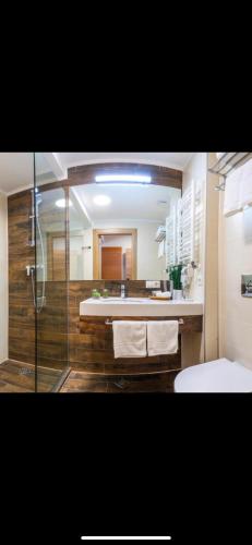 a bathroom with a shower and a sink and a toilet at Оrbi Palase Deluxe in Bakuriani