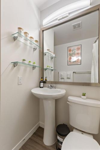 a bathroom with a sink and a toilet and a mirror at Indy City Views - Walk to Stadium - Convention Center - Arcades - Sleeps 8 - Gym in Indianapolis
