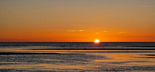 a sunset on the beach with the sun setting at Soggy Bottom Farm House, Sea views and peacocks in Pakawau