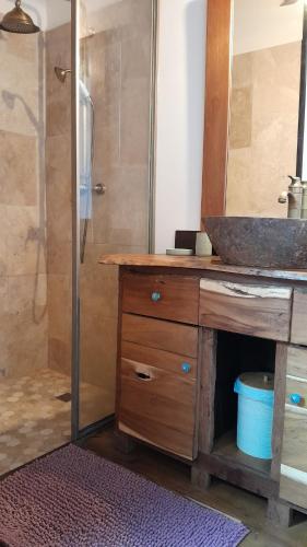ein Badezimmer mit einem hölzernen Waschbecken und einer Dusche in der Unterkunft Ti Kaz Kafé - Charmante Case créole indépendante à St Leu in Saint-Leu