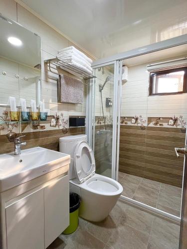 a bathroom with a toilet and a shower and a sink at 王老爺花園民宿Le Jardin de Monsieur Wang in Jinhu