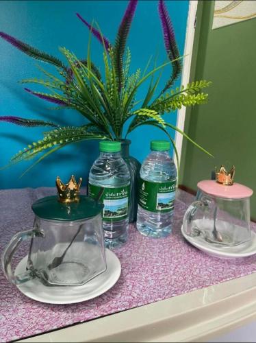 een tafel met twee flessen water en een potplant bij San Antonio Beach Guesthouse & Restaurant in Kata Beach