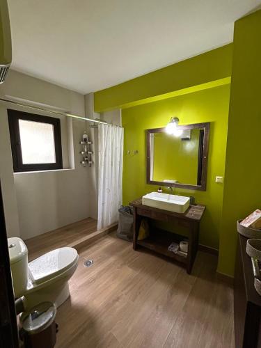 a bathroom with a sink and a mirror at The Black Chestnut in Áyios Nikólaos