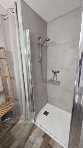 a shower with a glass door in a bathroom at Studio Le miroir à Saint Aygulf in Saint-Aygulf