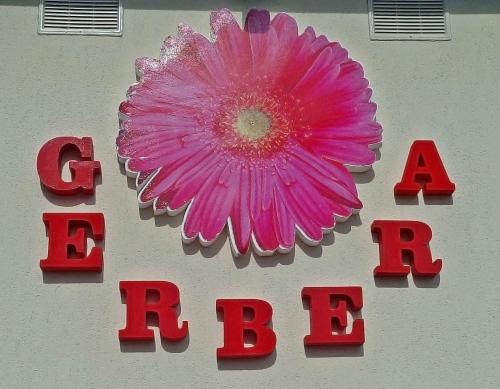 a red sign with a pink flower on it at Complex Turistic Dávid in Boghiş