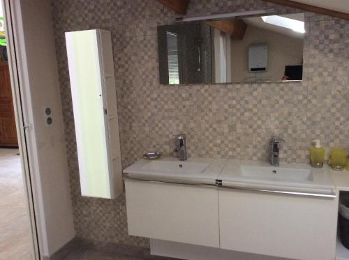 a bathroom with two sinks and a mirror at Appartement les Ecureuils in La Roque-dʼAnthéron