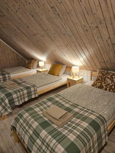 two beds in a room with a wooden ceiling at Ubytovanie Hronec in Hronec