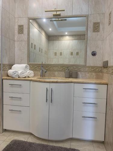 a bathroom with a sink and a mirror at Luxury Oasis in the Heart of the City in Druskininkai