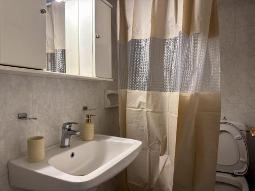 a bathroom with a sink and a toilet at Meteora Entry in Kalabaka