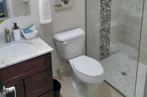 a bathroom with a toilet and a sink and a shower at Seaview Paradise - Sleeps 3 - Pool - Parking in Negril