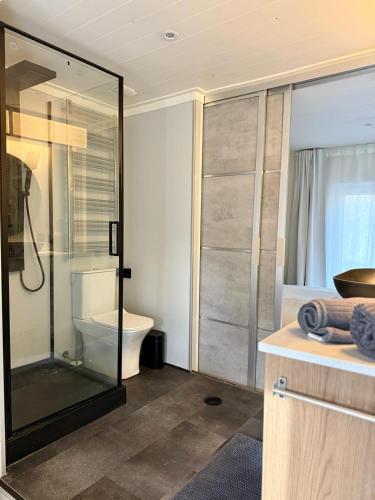 a bathroom with a toilet and a glass shower at Ljungskile modern country lodge in Grötån