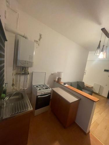 una cocina con estufa y encimera en Studio Central Ro1, en Râmnicu Vâlcea