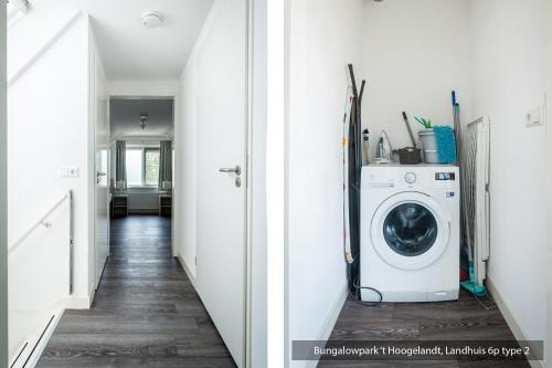 a laundry room with a washer and dryer at Bungalowpark 't Hoogelandt in De Koog