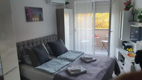 ヴェリコ・グラディシュテにあるHarmony Srebrno jezeroのベッドルーム(ソファベッド1台、テレビ付)