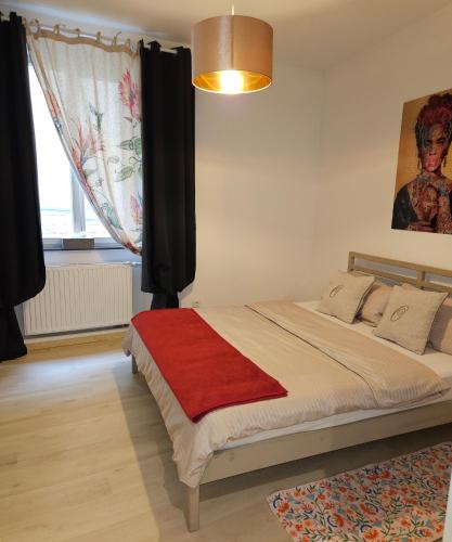 バンベルクにあるOlymp 1-4のベッドルーム1室(赤い毛布付きのベッド1台付)