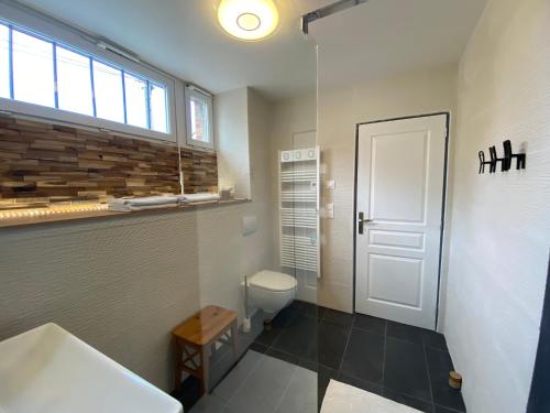 een badkamer met een toilet en een douche en een raam bij residence fleurie rdc in Saint-Malo