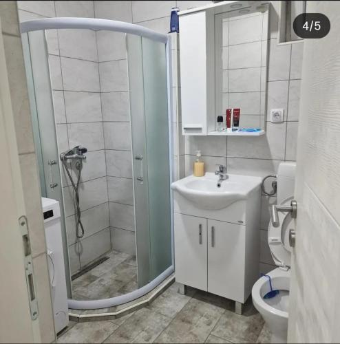 een badkamer met douche, wastafel en toilet bij Dream House Zvornik in Zvornik
