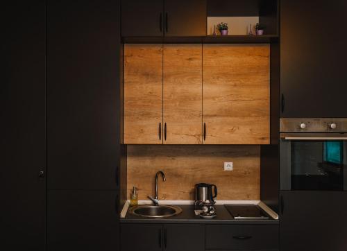 a kitchen with a sink and wooden cabinets at Greenside Apartment in Pristina