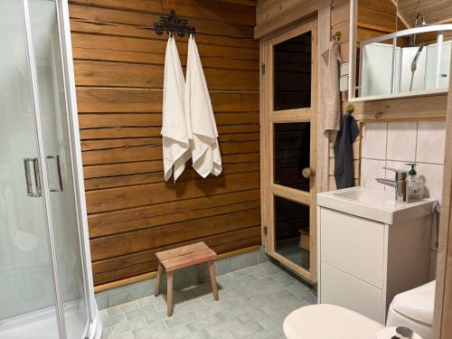 une salle de bains avec douche, toilettes et lavabo dans l'établissement Aurora Lodge, à Rovaniemi