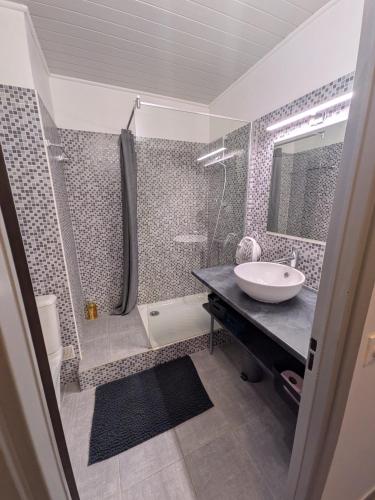 a bathroom with a sink and a shower and a tub at Charmant T2 150 m de la cure thermale Gorges Du Verdon in Gréoux-les-Bains