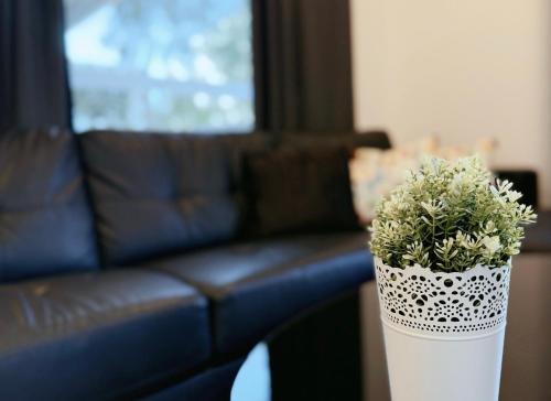 un vase noir et blanc avec une plante devant un canapé dans l'établissement Arnold Box Hill - Modern 2bed Apartment, à Box Hill