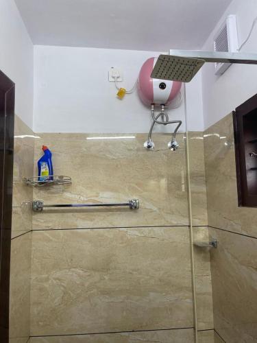 a bathroom with a glass shower with a pink stool at Rainbow apartments in Cochin
