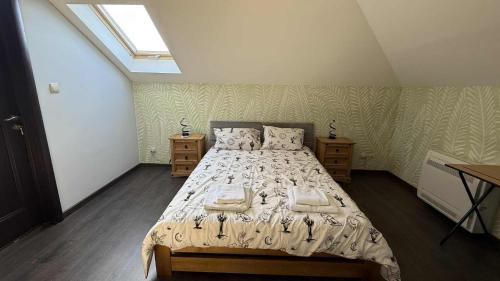 a bedroom with a bed and a skylight at Pointview House Gesha in Dryanovo