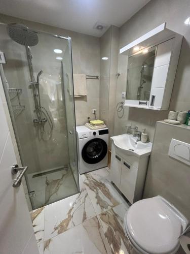 a bathroom with a shower and a toilet and a sink at Stan na dan Arte in Loznica
