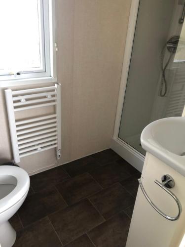 a bathroom with a toilet and a sink and a window at Mobilhome spacieux et calme in Pont-Aven