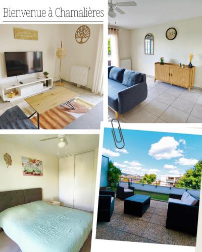 een collage van foto's van een woonkamer en een slaapkamer bij T2 avec terrasse & garage privé, Proche Jaude in Chamalières