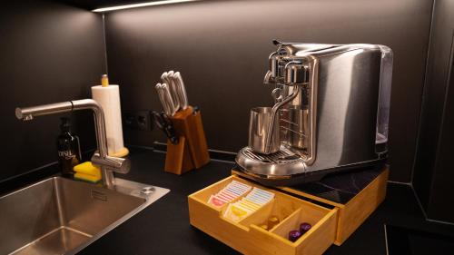 a kitchen with a juicer on a counter next to a sink at Premium Apartment Landshut Altstadt 100" TV Gaming Tiefgarage in Landshut