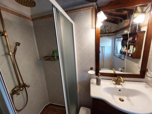 a bathroom with a sink and a shower at Casa Cuculo - Rustico mit traumhaftem Meerblick in Scansano