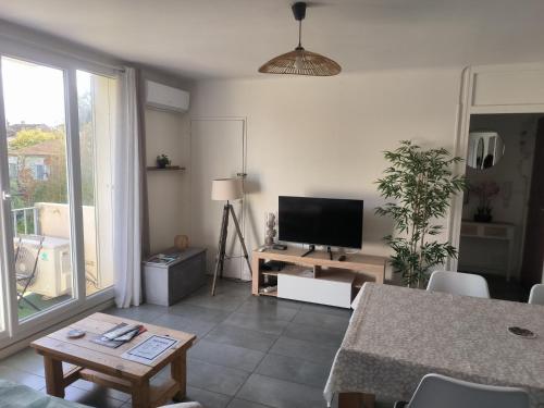 un salon avec une télévision et une table dans l'établissement Les Tamaris, à Arles