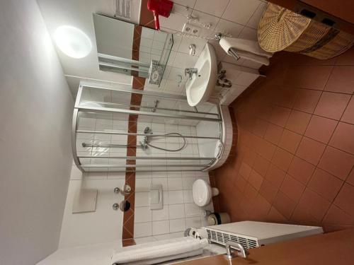 a bathroom with a sink and a toilet in it at Hotel Iris- Pizzeria Ristorante La Taverna in Meersburg