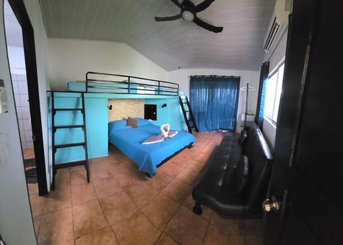 una camera con un letto e un letto a castello con una scala di Cabinas Nasua Drake a Bahía Drake